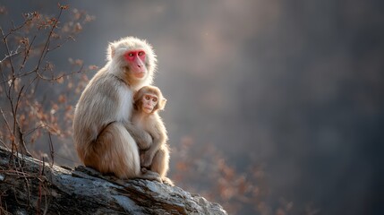 Naklejka premium Adult primate cradles young offspring while sitting upon rugged natural surface outdoors