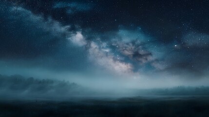 Obraz premium The vast Milky Way galaxy shines brightly over a tranquil misty forest and dark field under a starry night sky