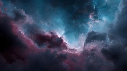 A dramatic cosmic nebula glows with vibrant colors of blue purple and pink set against a dark starry expanse