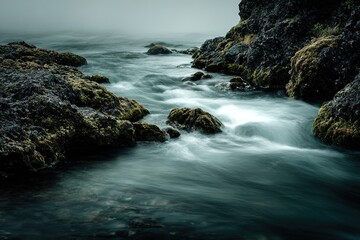 Fototapeta premium Tranquil waters flow over moss-covered rocks in a misty coastal landscape at dawn