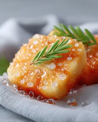 Golden Pineapple Slice Topped with Rosemary and Sugar Crystals and Water Droplets on a Grey Fabric with Soft Lighting