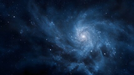 Fototapeta premium Vast blue spiral galaxy with swirling stardust nebulae and countless stars illuminating the deep dark cosmos