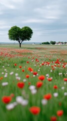 Green Heart Shaped Tree Stands Tall In A Vivid Field Of Red And White Poppies Under A Cloudy Sky With Distant Village