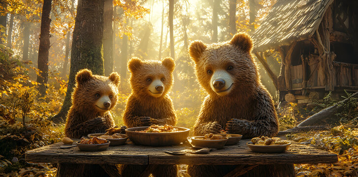 Whimsical fairytale illustration of Goldilocks and the Three Bears in a magical forest, colorful storytelling artwork filled with wonder, charm, and fantasy adventure.