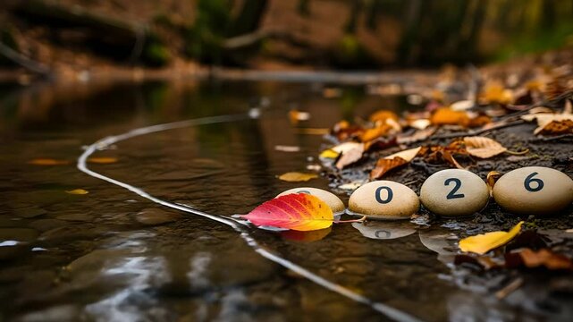 Autumn 2026, Stones with numbers in water, fall season stream with foliage, year countdown concept, new year, season's greetings, holidays, calendar, time, nature, environment.