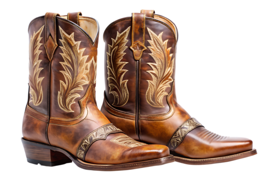 Detailed ornate brown leather cowboy boots with intricate golden floral stitching and decorative accents isolated on transparent background