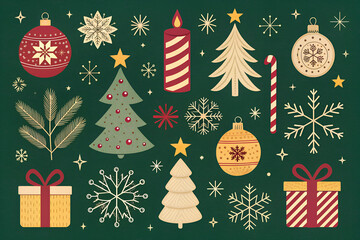 Festive christmas collection of ornaments trees gifts candles and snowflakes for holiday decor