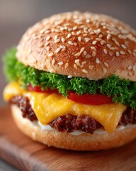 Juicy Cheeseburger With Melted Cheddar Cheese Lettuce and Tomato on a Sesame Seed Bun on a Wooden Board