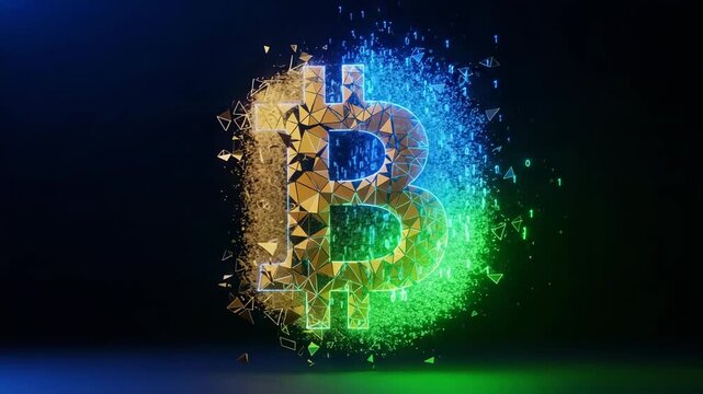 Golden Bitcoin Symbol Deconstructing into Digital Particles and Binary Code with Neon Glow