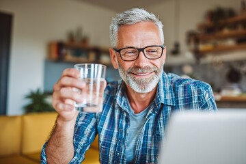 Senior man enjoys refreshing drink while using laptop in cozy living room during daytime