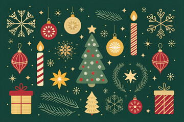 Festive christmas decorations collection including tree ornaments candles presents and snowflakes