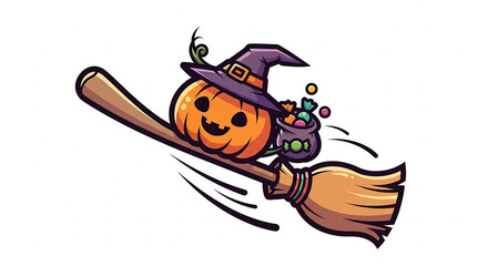 Obraz premium The cartoon vector illustration shows a spooky Halloween pumpkin with bats and a witch hat, perfect for an October holiday design