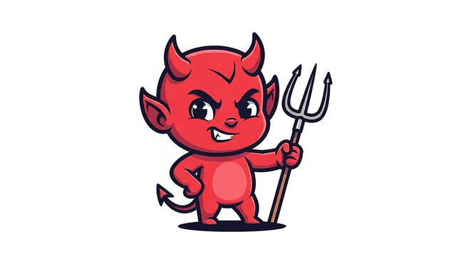 Red devil cartoon character illustration with horns and tail holding a trident, perfect for Halloween vector art