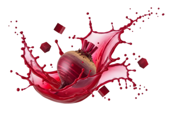 Whole beetroot splashing in a dynamic burst of vibrant red liquid juice.isolated,