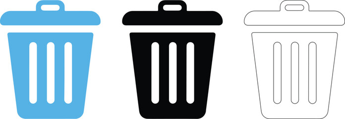 Set of Minimal Trash Bin Icons in Blue, Black, and Outline Styles, Ideal for UI Delete Functions.