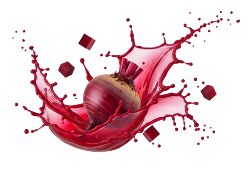 Whole beetroot splashing in a dynamic burst of vibrant red liquid juice.isolated, - Powered by Adobe