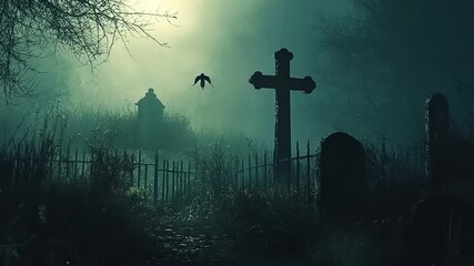 Eerie graveyard scene with stone cross and bird flying through heavy fog at night - Powered by Adobe