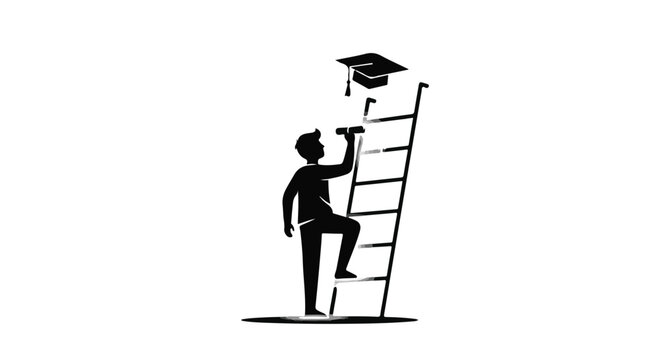 Silhouette of a person climbing a ladder towards a graduation cap, symbolizing ambition and future success.