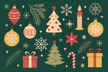 Festive christmas decorations collection with ornaments trees presents and snowflakes