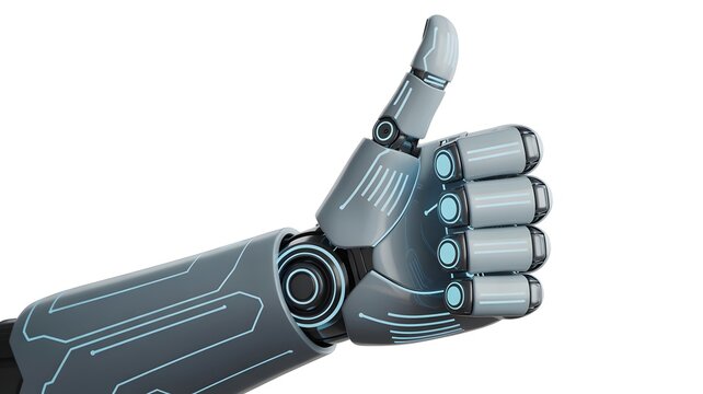 Metallic robot arm shows thumbs up on white. Sci-fi digital texture, clean studio lighting. Use for tech branding, ai presentation, business poster.