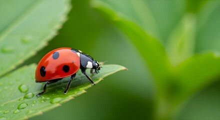 Fototapeta premium Red ladybug with black spots crawling on a dewy green leaf