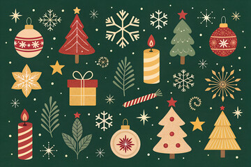 Festive christmas collection featuring ornaments trees gifts snowflakes candles and stars
