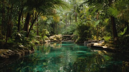 Naklejka premium clear green water in lush tropical forest