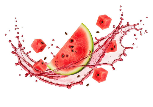 Watermelon slice and cubes splashing in a burst of fresh pink liquid. isolated, - Powered by Adobe