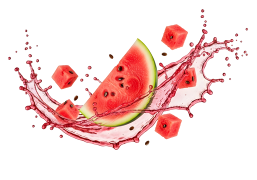 Watermelon slice and cubes splashing in a burst of fresh pink liquid. isolated,
