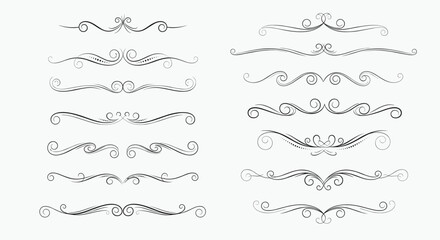 Collection of elegant hand-drawn vintage flourish dividers with ornate scrollwork, offering decorative page separators for classic and sophisticated design projects.