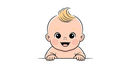 A joyful and adorable cartoon baby with blonde hair smiles brightly, peeking over a white surface with curiosity and innocence.