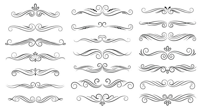 A diverse collection of elegant hand-drawn scroll and swirl dividers, perfect for adding a touch of vintage flair or ornate decoration to various design projects.
