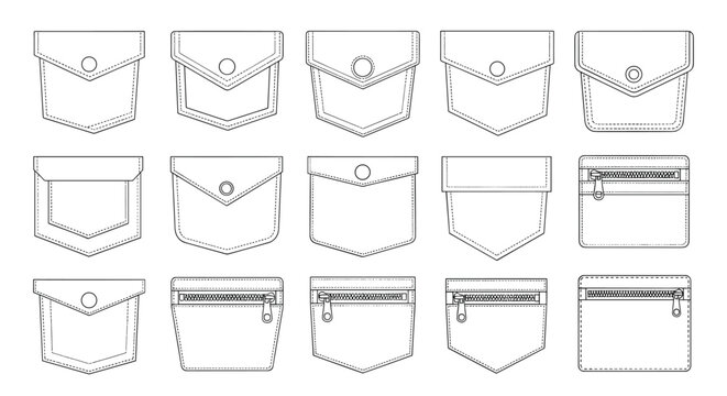 Collection of outline illustrations showcasing various garment pocket designs, including flaps, buttons, and zippers, perfect for fashion technical drawings and apparel design.