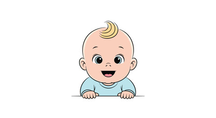 A cute and happy cartoon baby, with light skin, blue eyes, and a tuft of blonde hair, smiles broadly while peeking over a white surface.