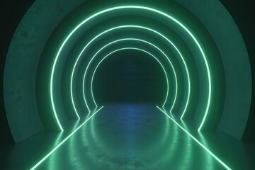 Tunnel neon green glowing endless geometric shapes futuristic abstract background