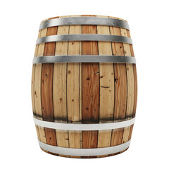 Fototapeta premium A rustic wooden barrel with metal bands showcasing aged wood grain and traditional craftsmanship isolated on a black background