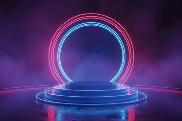 Portal with neon lights and smoke on a podium