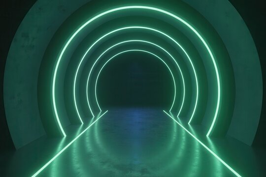 Tunnel neon green glowing endless geometric shapes futuristic abstract background