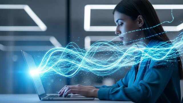 Woman typing on laptop with glowing blue data streams flowing from screen representing digital - Powered by Adobe