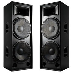 A pair of imposing black tower speakers with large circular woofers and smaller drivers designed for powerful audio output and immersive sound experiences