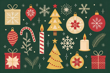 Festive christmas decorations featuring ornaments gifts trees candy canes snowflakes and candles