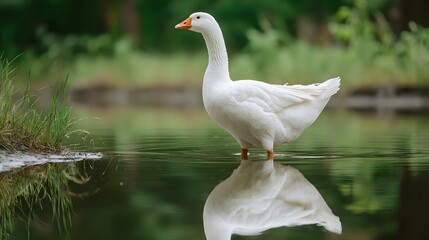 White domestic goose stands calmly in shallow water displaying a clear reflection