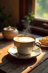 A steaming cappuccino in a ceramic mug sits on a rustic wooden table next to a small plate of biscotti, bathed in warm, inviting sunlight Perfect for a cozy coffee break , warm, wood, table