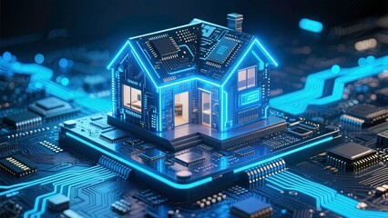 Miniature house a top a circuit board, glowing with digital illumination, representing smart home technology and interconnected devices, AI