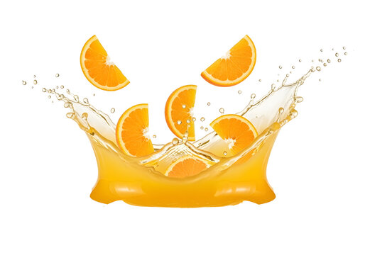 Fresh orange slices splashing into a burst of vibrant liquid juice. isolated,