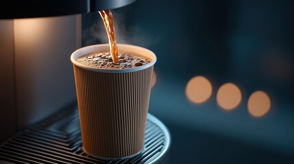 Freshly brewed coffee pouring into a ribbed paper cup from an automatic machine, with steam rising