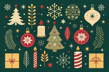 Festive christmas collection featuring ornaments trees candles gifts snowflakes and foliage