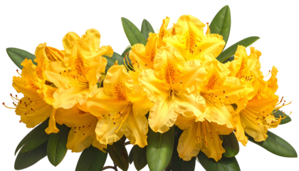Bright yellow rhododendron blooms and green leaves isolated on a transparent background
