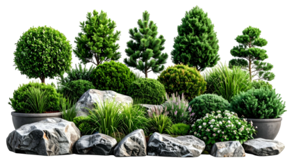 Assorted green shrubs, bushes, and trees with rocks, arranged naturally on black