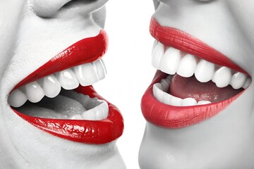 Close-up of two smiling mouths with vibrant red lipstick and bright white teeth